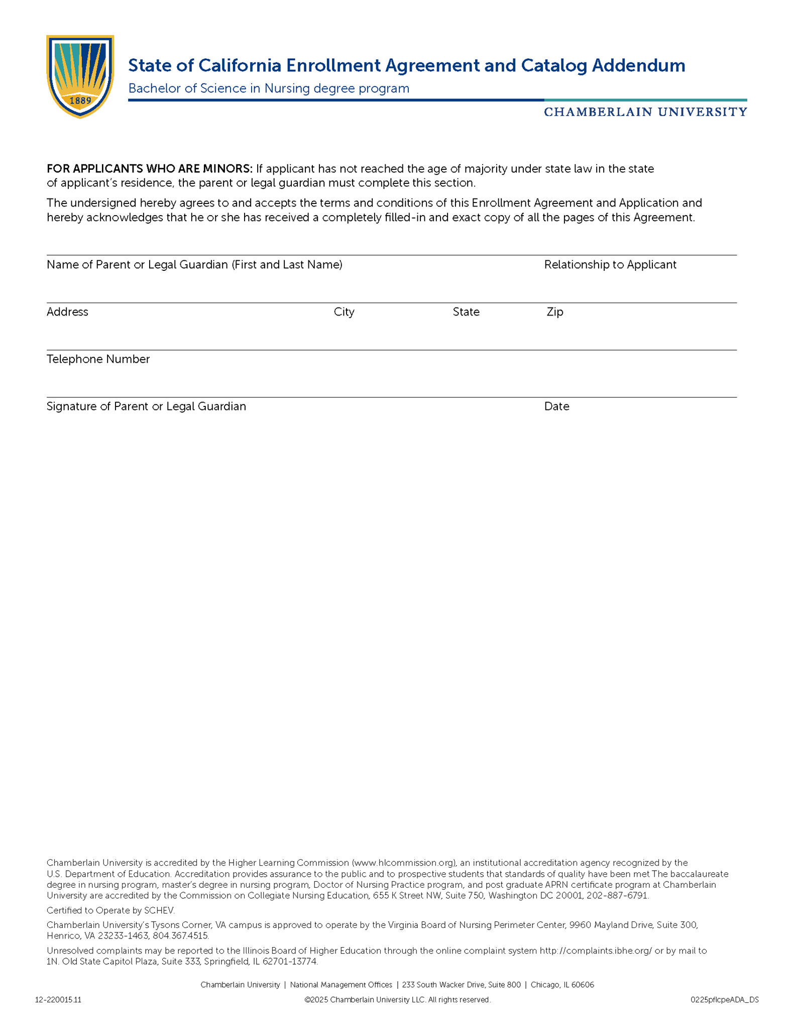Picture of California Enrollment Agreement and Catalog Addendum - Bachelor of Science in Nursing Degree Program